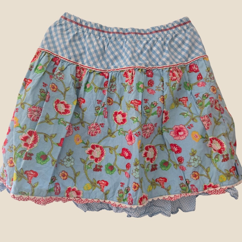 Oilily Girls Blue Floral Gingham Tiered Skirt Cotton Rick Rack Trim Size 7Y 122